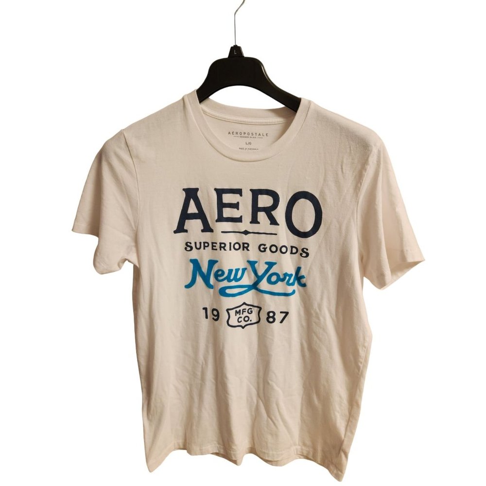Aeropostale White T Shirt Sz L AERO Superior Goods New York Flocked Preowned GC